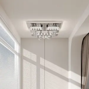 Modern 50cm 5 Head Square Fancy Crystal LED Chrome Flush Mount Dimmable Ceiling Light Fixture