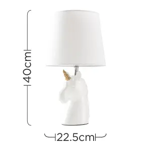 ValueLights Pair of White and Gold Ceramic Unicorn Table Lamps With White Light Shade LED Golfball Bulbs 3000K Warm White