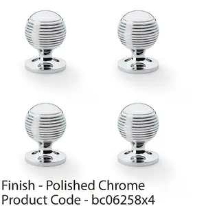 4 PACK - Reeded Ball Door Knob - 32mm Diameter Polished Chrome Lined Cupboard Pull Handle