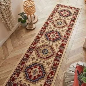 Persian Cream Traditional Easy to Clean Geometric Bordered Wool Rug for Living Room & Bedroom-120cm X 180cm