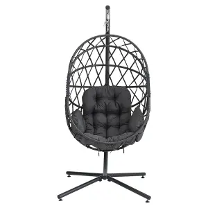 Dark Grey Foldable 1 Seater Rattan Egg Swing Chair Garden Relaxing Hanging Chair with Metal Stand and Cushion