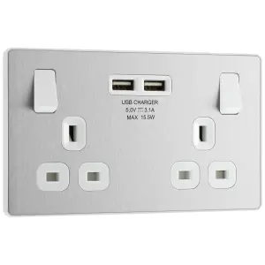 BG Evolve Brushed Steel Double Switched 13A Power Socket + 2 X USB (3.1A)