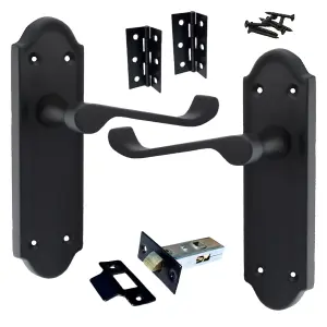 Ashford Door Handle Latch Scroll Lever - Matt Black Latch & Hinge Pack