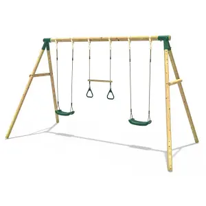 Rebo Wooden Garden Swing Set with 2 Swings and Trapeze Bar - Comet Green