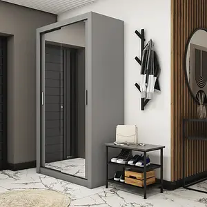 Sleek Mirrored Sliding Wardrobe in Grey - Spacious & Modern (H2150mm x W1200mm x D600mm)