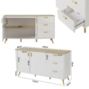 140 x 40 x 78cm Multi-Use Storage Cabinet with Solid Wood Top Double Doors and 3 Drawers in White