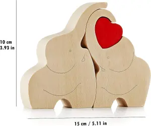 Loving Wooden Elephant Couple Figurine with Red Heart - Heartfelt Ornament Decor Gift with a Message of Love