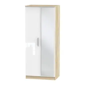 Trent 2 Door Mirrored Robe in White Gloss & Bardolino Oak (Ready Assembled)