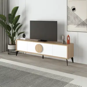 Decortie Gora Modern TV Unit Oak, White 180(W)cm with 4 Doors Storage TV Cabinet Entertainment Metal Legs