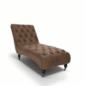 Chaise Lounge in Faux Leather Suede Brown Chesterfield