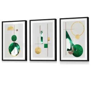 Set of 3 Framed Abstract Mid Century Modern in Green and Gold / A3 (30x42cm) / Black Frames