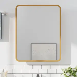 76cm H Surface Mount Rectangular Bathroom Storage Mirror Cabinet with Round Corner in Gold