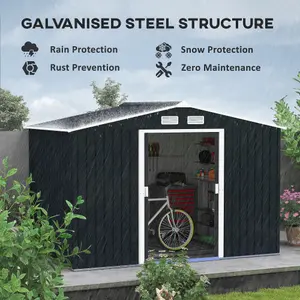 Outsunny 9 x 6FT Galvanised Garden Storage Shed with Sliding Door, Dark Grey