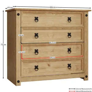 Vida Designs Corona Rustic 4 Drawer Chest Mexican Solid Waxed Pine (H)730mm (W)800mm (D)410mm