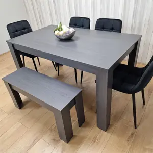 Dining Table and 4 Chairs With Bench Black Dark Grey 4 Velvet Chairs Wooden Bench Wood Dining Set Furniture