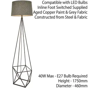 Geometric Cage Floor Lamp Aged Copper & Grey Fabric Shade 1750mm Tall Standing