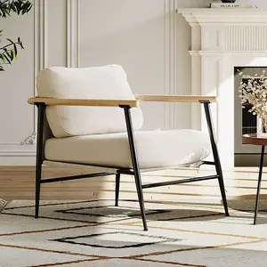 Beige Linen Armchair with Thick Cushion and Metal Frame