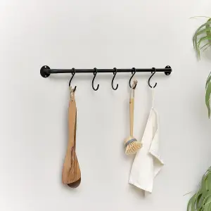 Melody Maison Black Industrial Wall Mounted Rail with 5 Storage Hooks