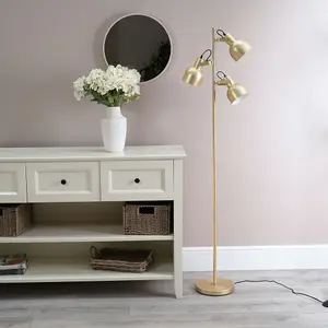 ValueLights Albie Gold Metal 3 Arm Spotlight Head Adjustable Floor Lamp for Living Room - LED Bulbs Included