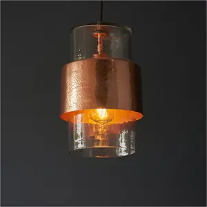 2 PACK Hanging Ceiling Pendant Light - Hammered Copper Plate & Textured Clear Glass - 10W LED E27