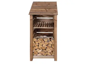 Slatted wooden log store with kindling shelf  W-79cm, H-180cm, D-88cm - brown finish