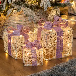 3 Piece LED Ligth Up Xmas Gift Box with Pink Bow Set