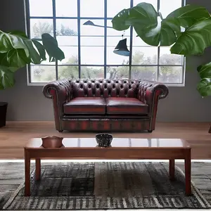 Chesterfield 2 Seater Antique Oxblood Real Leather Tufted Buttoned Sofa Settee In Classic Style