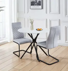 Hallowood Furniture Cullompton Small 90cm Round Dining Table with White Marble Effect Top and 2 Light Grey High Back Dining Chairs