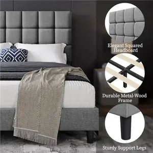 Size Modern Upholstered Bed Frame with Square Tufted Headboard Light Grey / Kingsize (5')