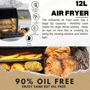 Daewoo 12L Rotisserie Air Fryer Oven with Rapid Air Circulation and Large Window with Interior Light,Thermostat Control,9 Pre Set