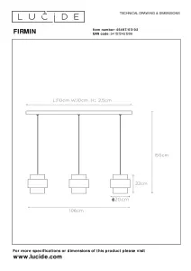 Lucide Firmin Classic Bar Pendant Light - 3xE27 - Matt Gold, Brass