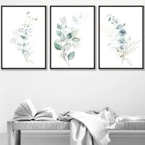 Set of 3 Green Blue Watercolour Eucalyptus Set 2 Wall Art Prints / 30x42cm (A3) / Black Frame