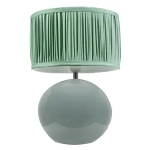 ValueLights Bosco Eucalyptus Ceramic Table Lamp with Ruched Pleated Green Fabric Drum Lamp Shade and LED Bulb