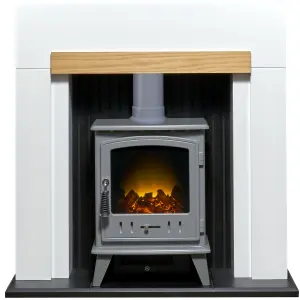 Adam Salzburg in Pure White & Oak with Aviemore Electric Stove in Grey Enamel, 39 Inch