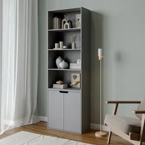 URBNLIVING Height 180Cm 6 Tier Bookcase With 2 Door Cupboard Cabinet Storage Shelving Display Colour Grey Wood Shelf