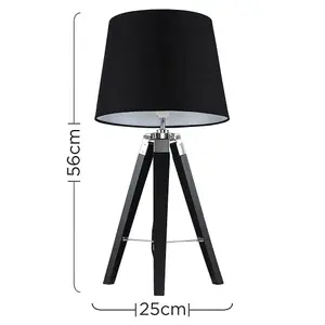 ValueLights Clipper Modern Black Wood and Silver Chrome Tripod Table Lamp with Black Light Shade