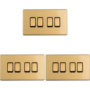 3 PACK 4 Gang Quad Light Switch SCREWLESS SATIN BRASS 2 Way 10A Slim Rocker