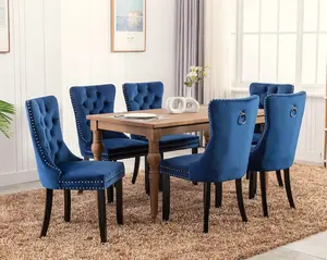 Set of 6 Lux Blue Velvet Knocker Kitchen Dining Chairs Bedroom Chairs with High Wing Back