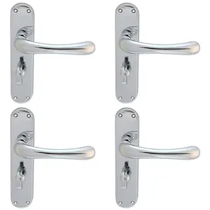 4 PACK - Smooth Rounded Bathroom Latch Door Handle - Polished Chrome Lever on Backplate