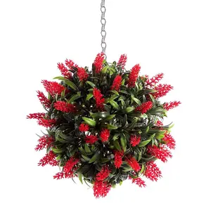 Pair of Best Artificial 24cm Red Lush Lavender Hanging Basket Flower Topiary Ball - Weather & Fade Resistant