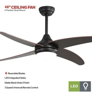 Dark Brown 4 Blade Black Ceiling Fan Lights with Remote Control 48 Inch