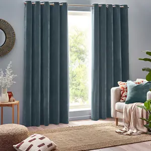 Yard Heavy Chenille Velvet Eyelet Curtains, Marine Blue