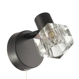 Modern Matte Black Wall Light with Chunky Square Ice Cube Glass Shade