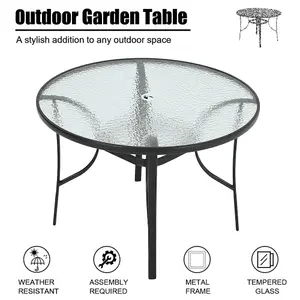 Black Round Tempered Glass Tabletop Metal Outdoor Garden Coffee Table with Parasol Hole 105cm