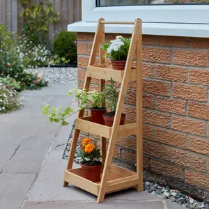 Home Source Bamboo 3 Tier Garden Plant Stand Ladder Tray Unit