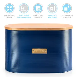 EHC Space Saving Extra Large Bread Box Bin With Wooden Lid, For Kitchen Countertop Bread Storage, Navy Blue,  8 L