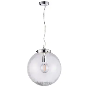 Hanging Ceiling Pendant Light Chrome & GLASS Large Round Shade Lamp Bulb Holder