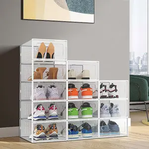 12Pcs White Adjustable Stackable Plastic Shoe Storage Box Organiser 33cm W x 23cm D x 14cm H