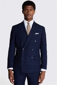 Moss | Men's Tailored Fit Navy Blue Black Check Double Breasted Suit Jacket