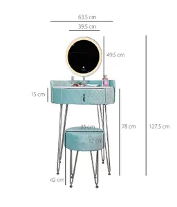 French Riviera Baby Blue Velvet Dressing Table with LED Touch Sensor Mirror